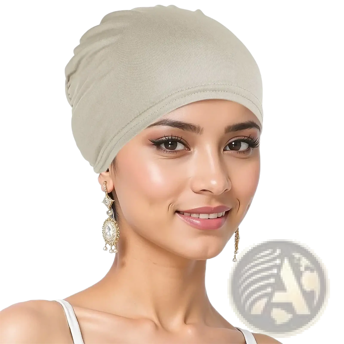 Beige stretchy jersey turban chemo hijab hat worn snugly on the head made of soft breathable fabric