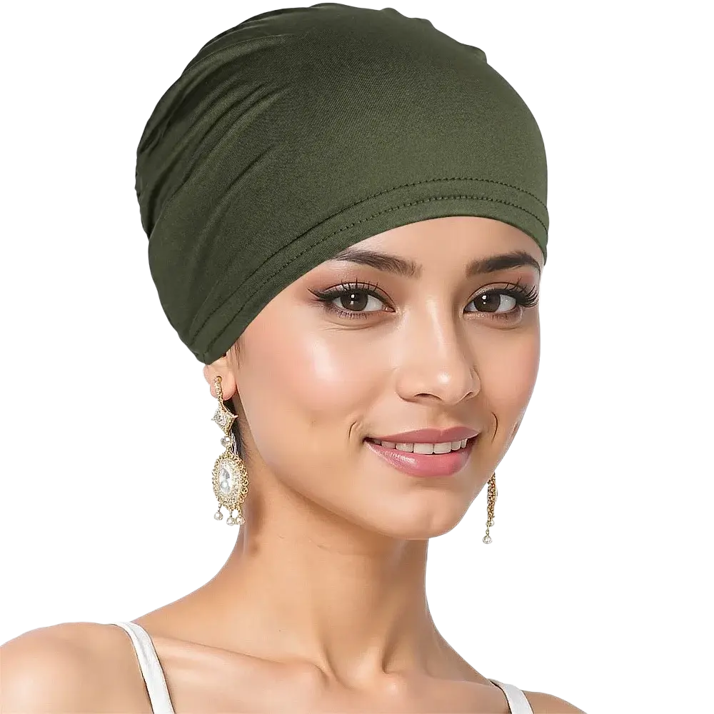 Olive green stretchy jersey turban chemo hijab hat with a soft seamless design for comfortable wear