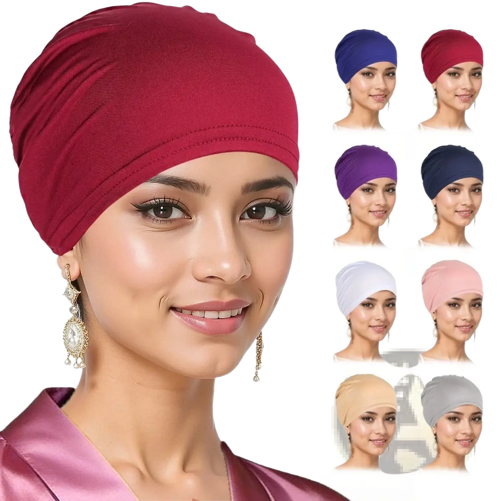A soft maroon stretchy jersey turban chemo hijab hat made of smooth fabric designed for comfort