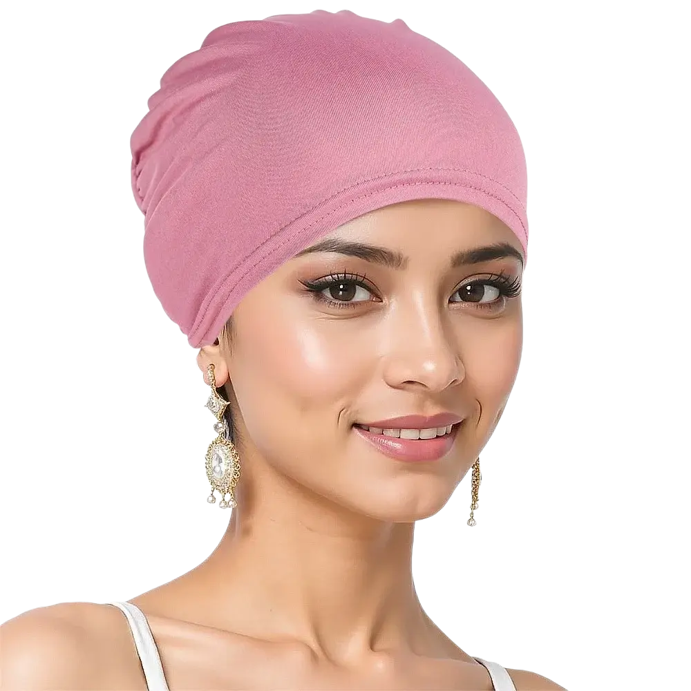 Soft pink stretchy jersey turban chemo hijab hat with snug fit and subtle ribbed texture