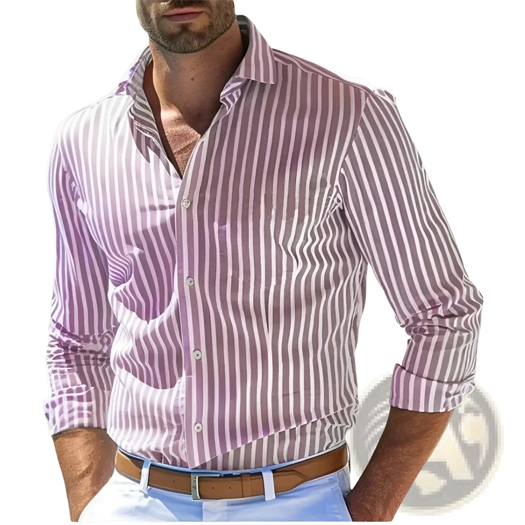 A man wearing a stripe print long sleeve casual shirt in lavender and white with button down front