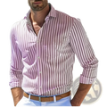 A man wearing a stripe print long sleeve casual shirt in lavender and white with button down front