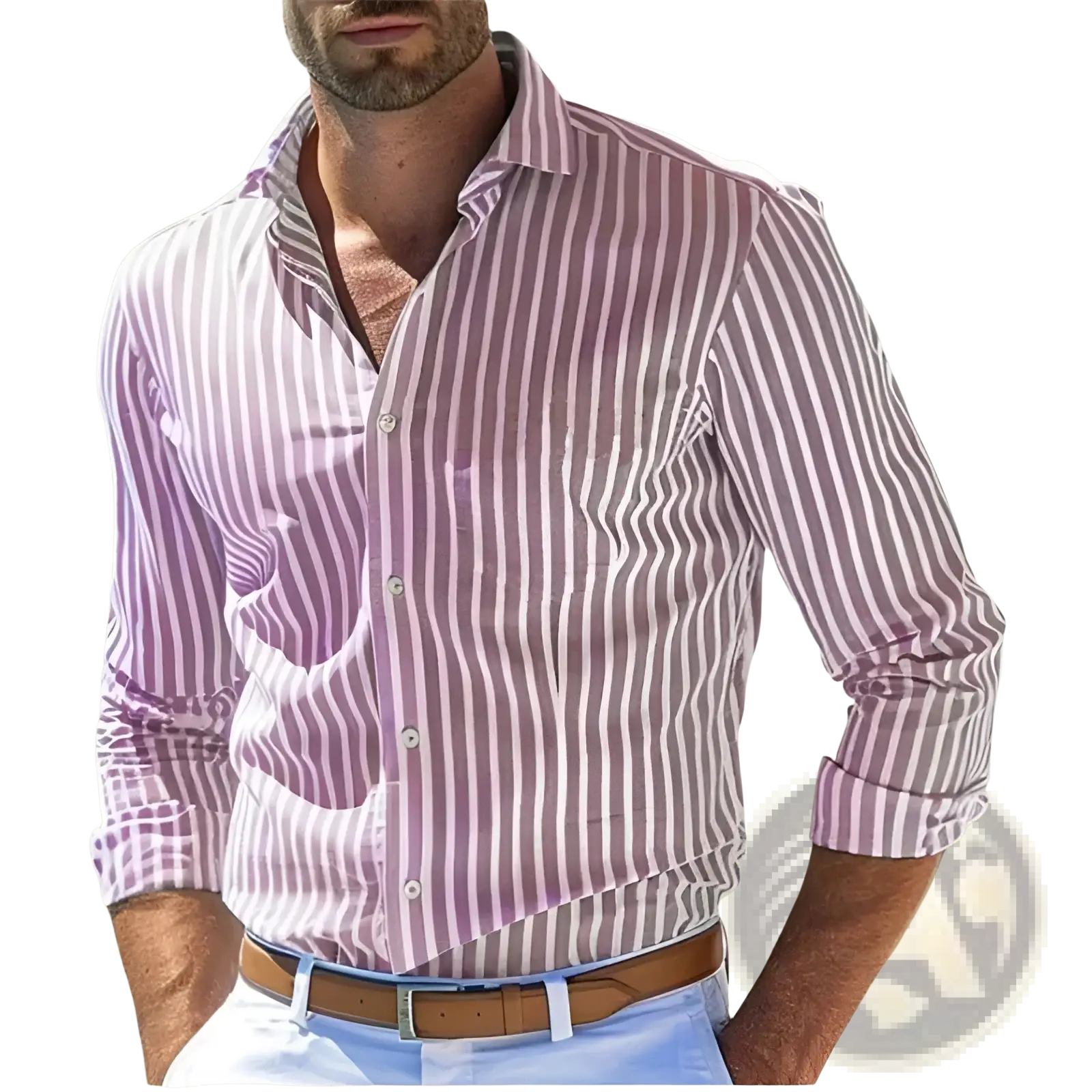 A man wearing a stripe print long sleeve casual shirt in lavender and white with button down front