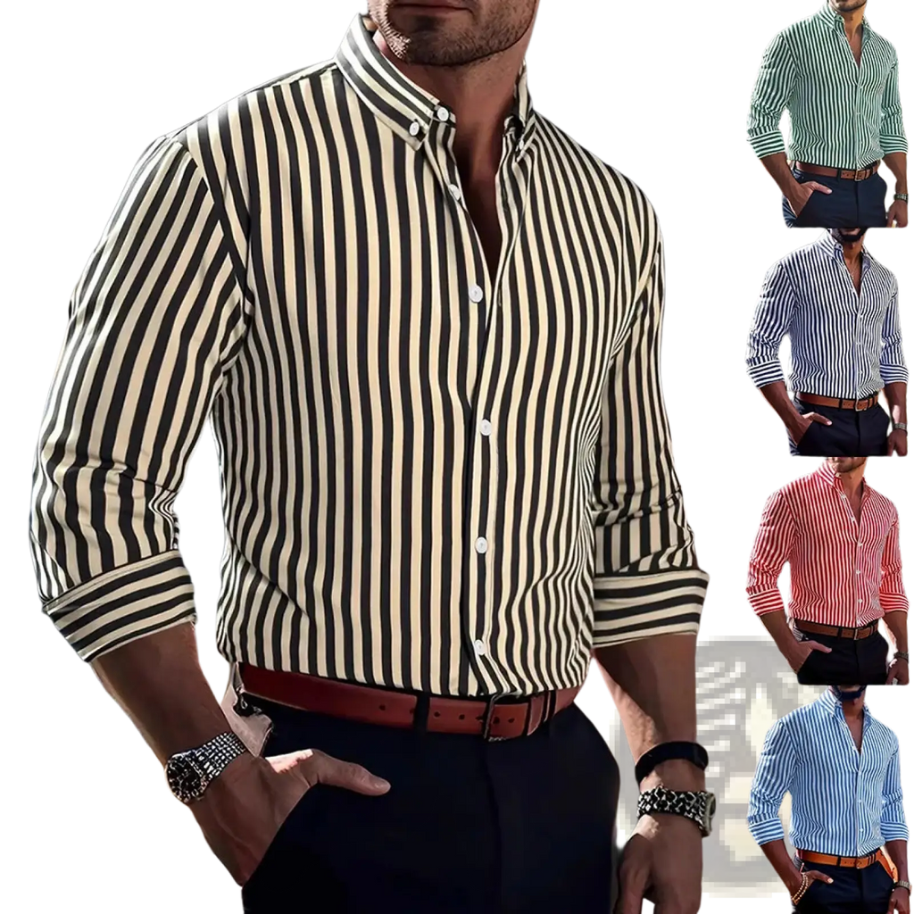 Black and cream vertical striped long sleeve casual shirt for men with button-down front and rolled cuffs