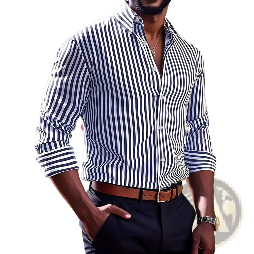 A navy and white vertically striped button-down long sleeve casual shirt for men with rolled-up sleeves