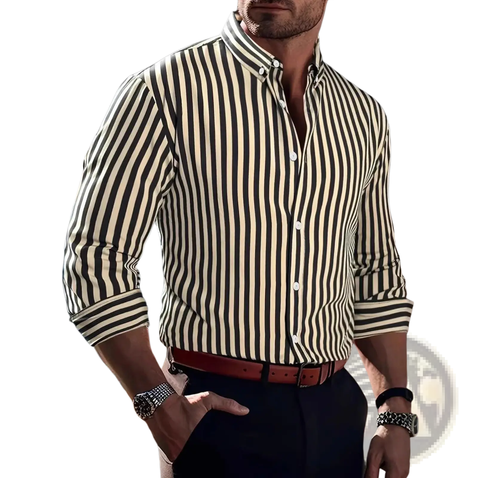 A man wearing a black and cream vertical striped long sleeve casual shirt with rolled-up sleeves