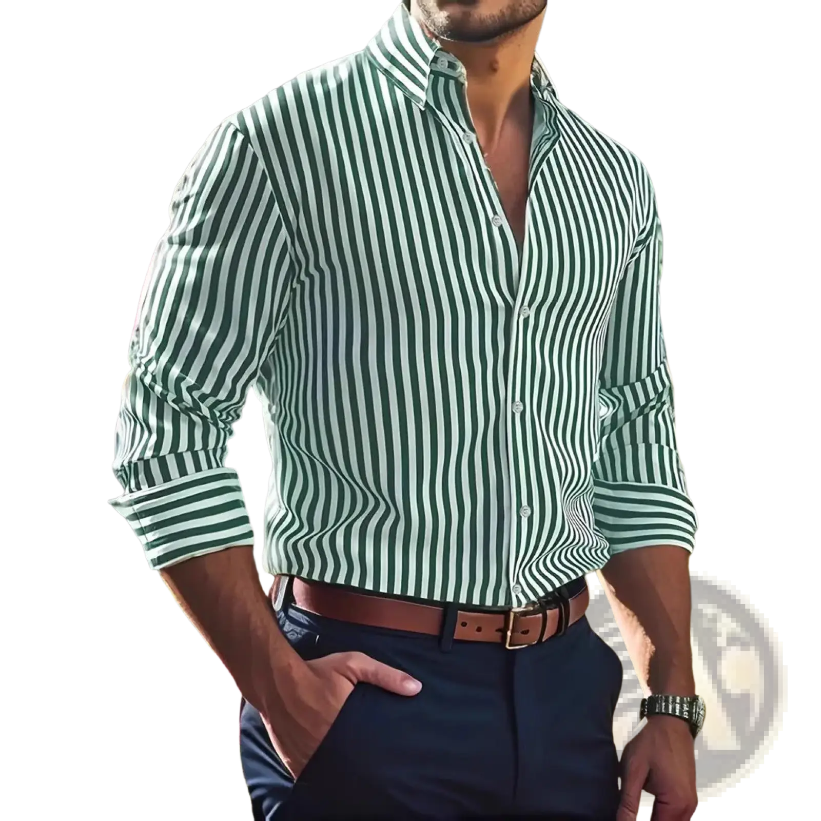A man wearing a green and white vertically striped long sleeve casual shirt with rolled-up sleeves