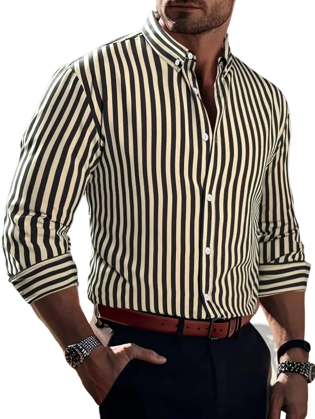 A men’s long-sleeved casual button-down shirt with bold black and cream vertical stripes and rolled cuffs