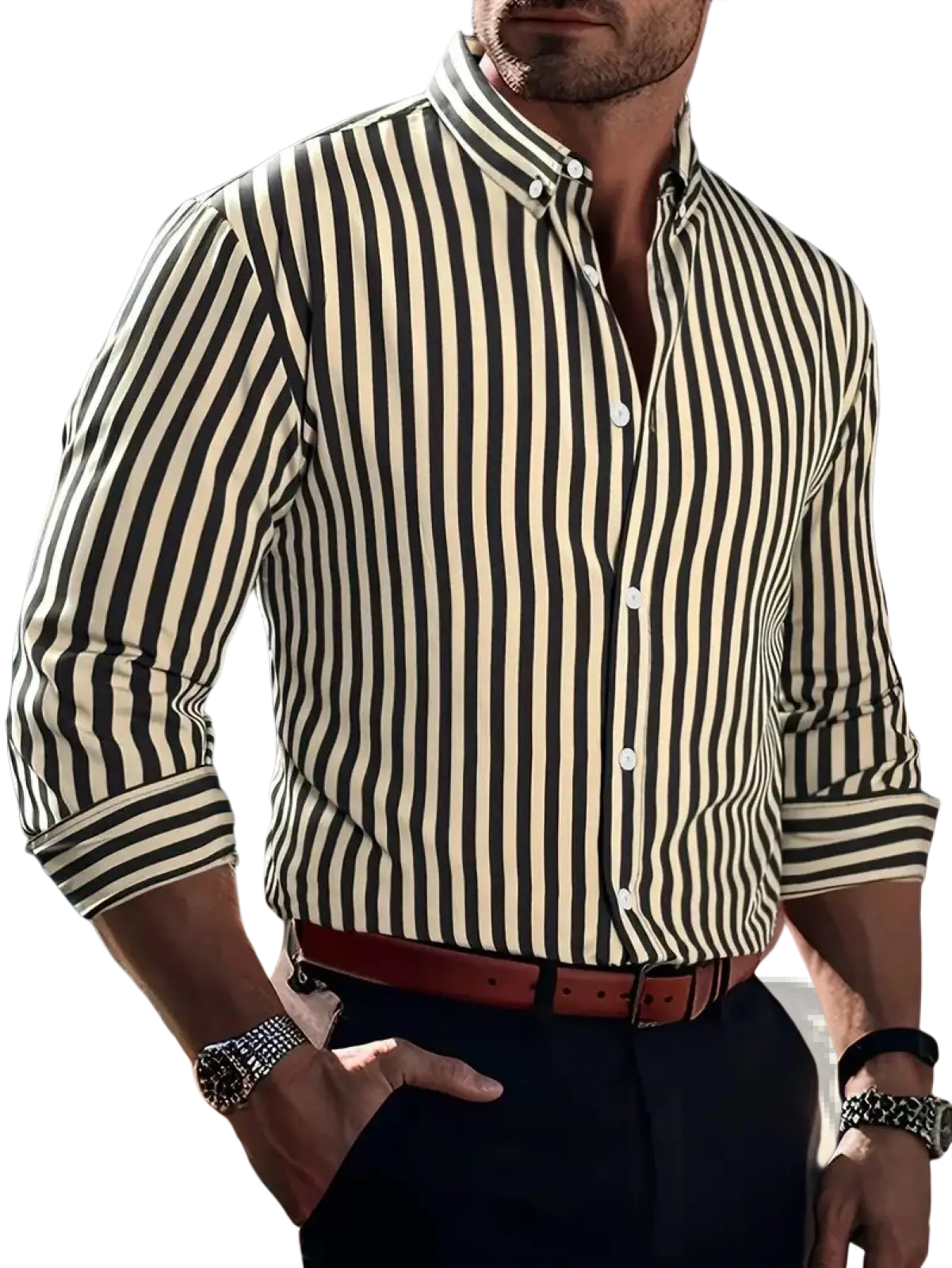 A men’s long-sleeved casual button-down shirt with bold black and cream vertical stripes and rolled cuffs