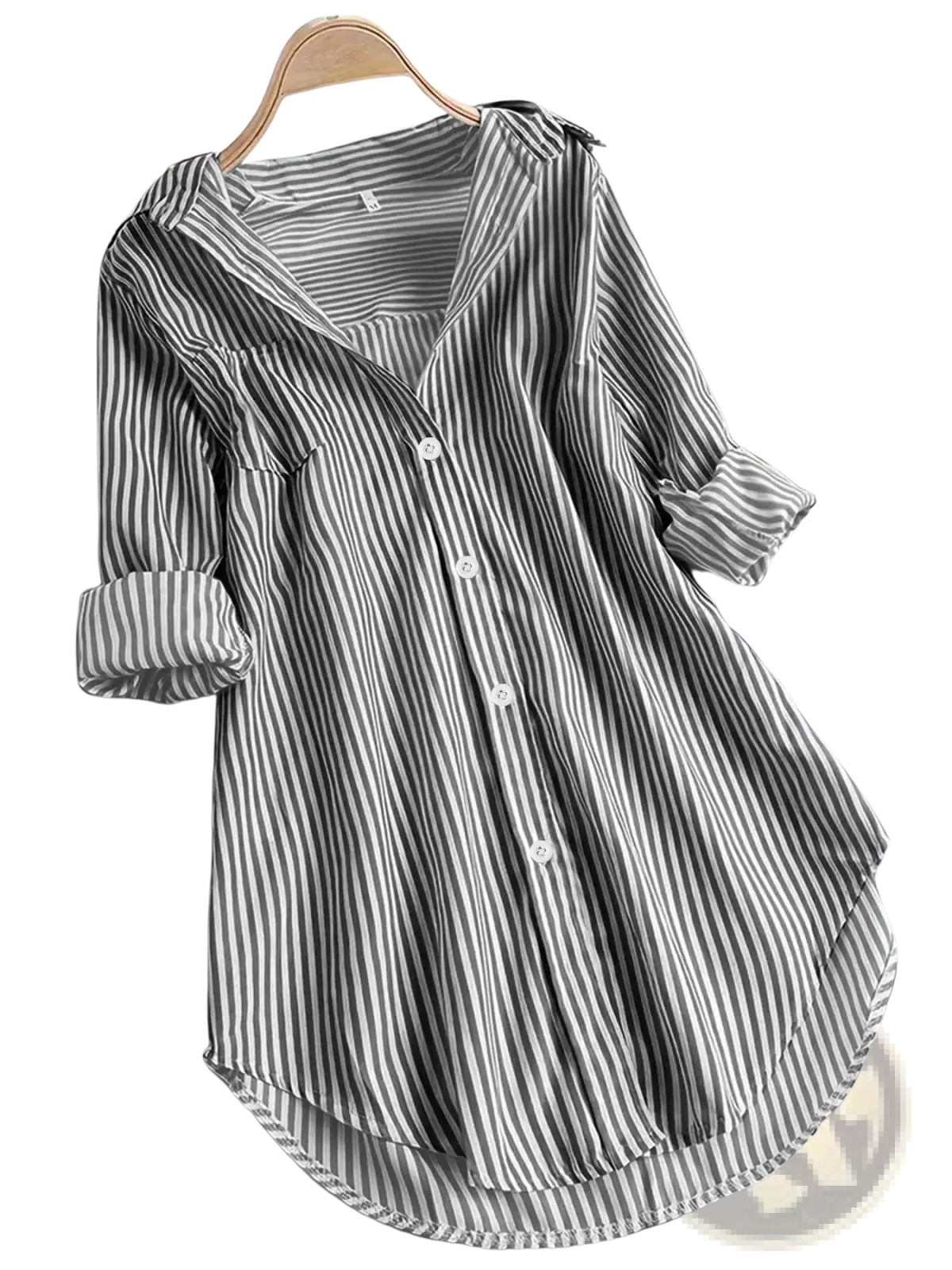 A loose-fitting long-sleeved casual button down shirt with black and white vertical stripes and rolled cuffs