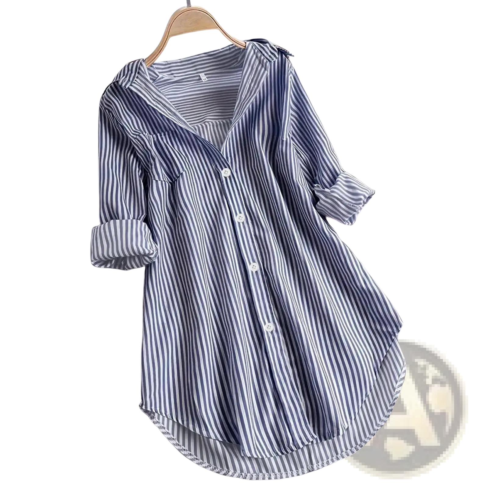 Navy and white vertically striped long sleeve button down shirt with rolled cuffs and curved hem for casual wear