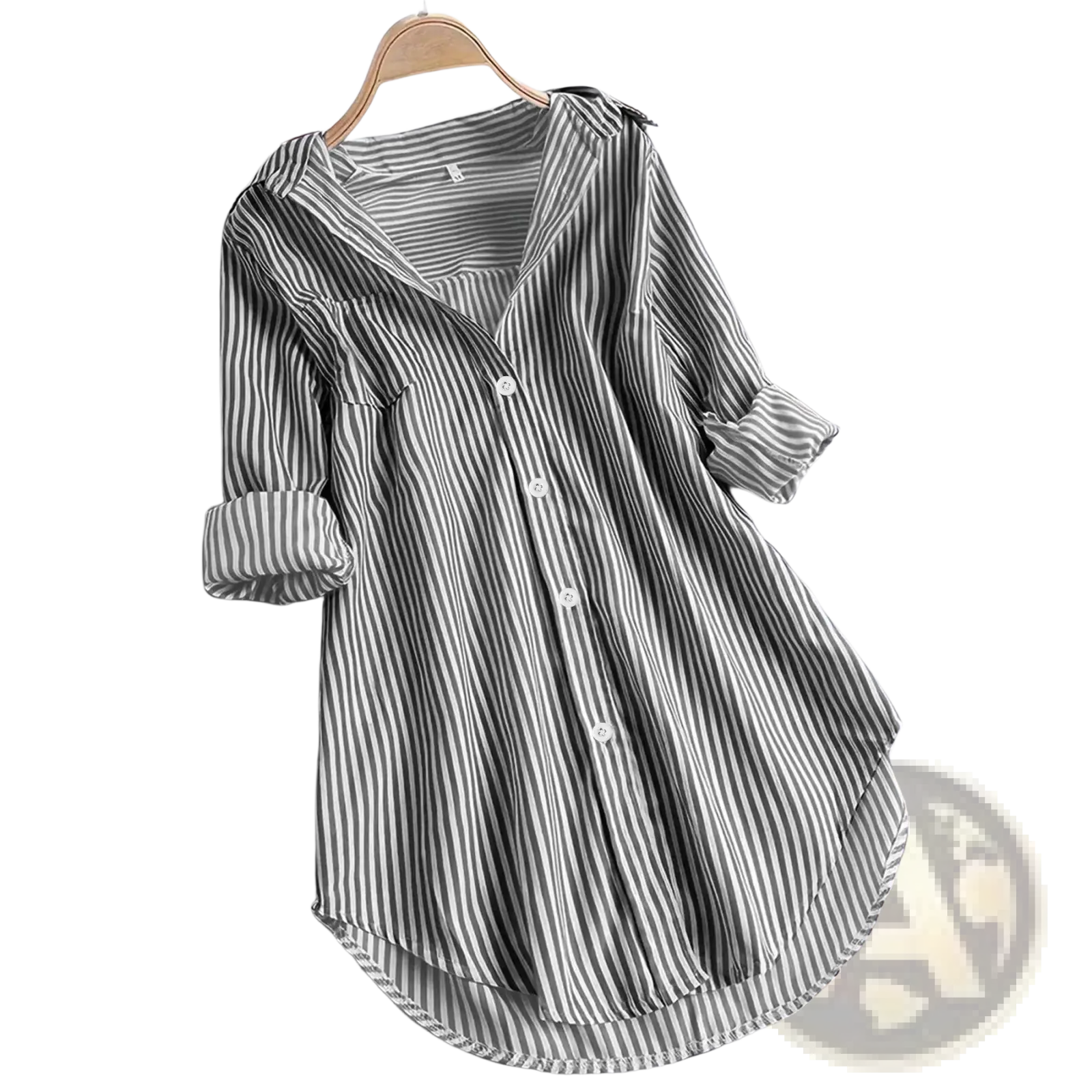 Black and white vertically striped long sleeve button down shirt with v neckline and rolled cuffs for casual wear
