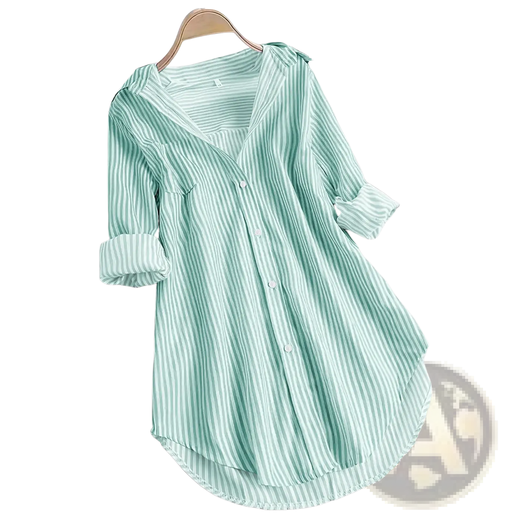 A light green and white striped button down long sleeve casual shirt with rolled sleeves hanging on a wooden hanger