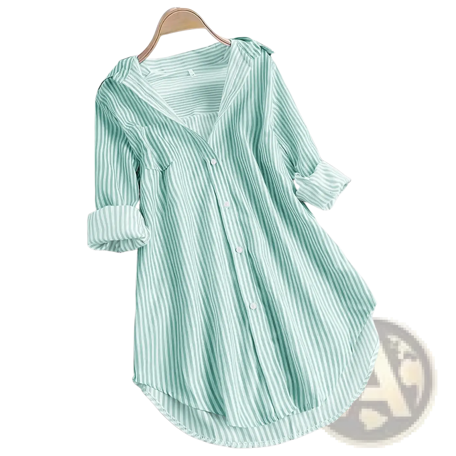 A light green and white striped button down long sleeve casual shirt with rolled sleeves hanging on a wooden hanger