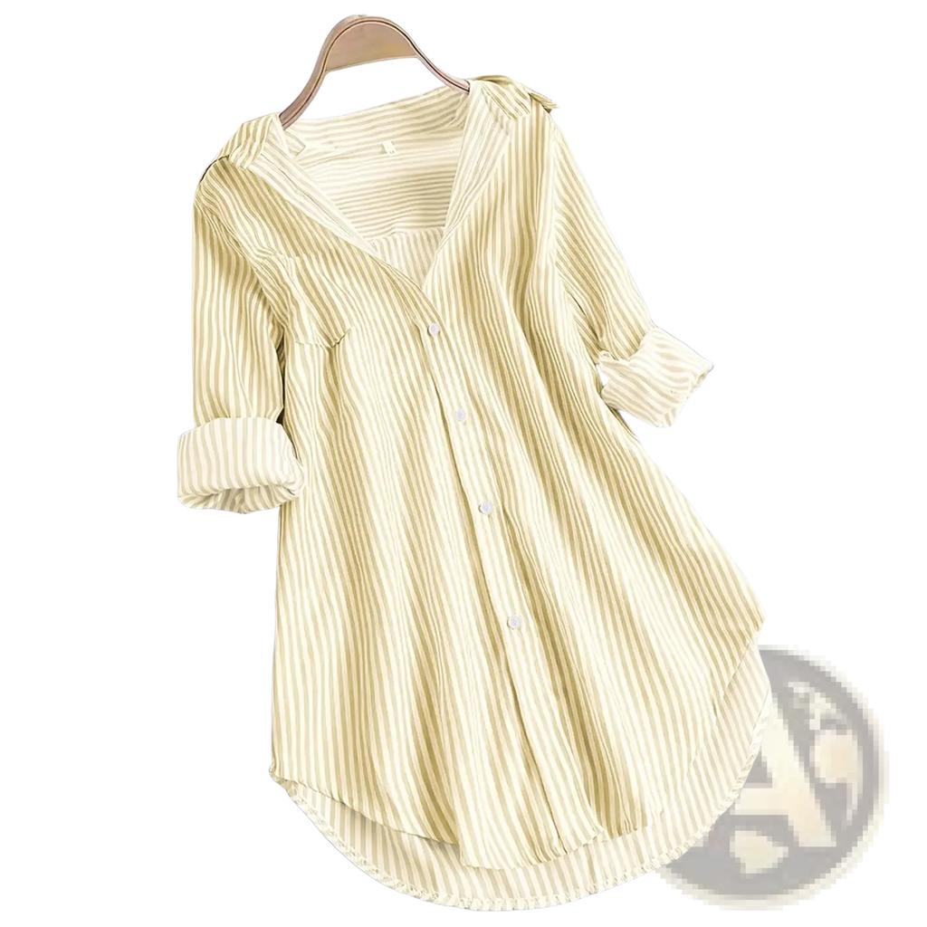 A soft pale yellow and cream striped button down long sleeve casual shirt hanging on a wooden hanger
