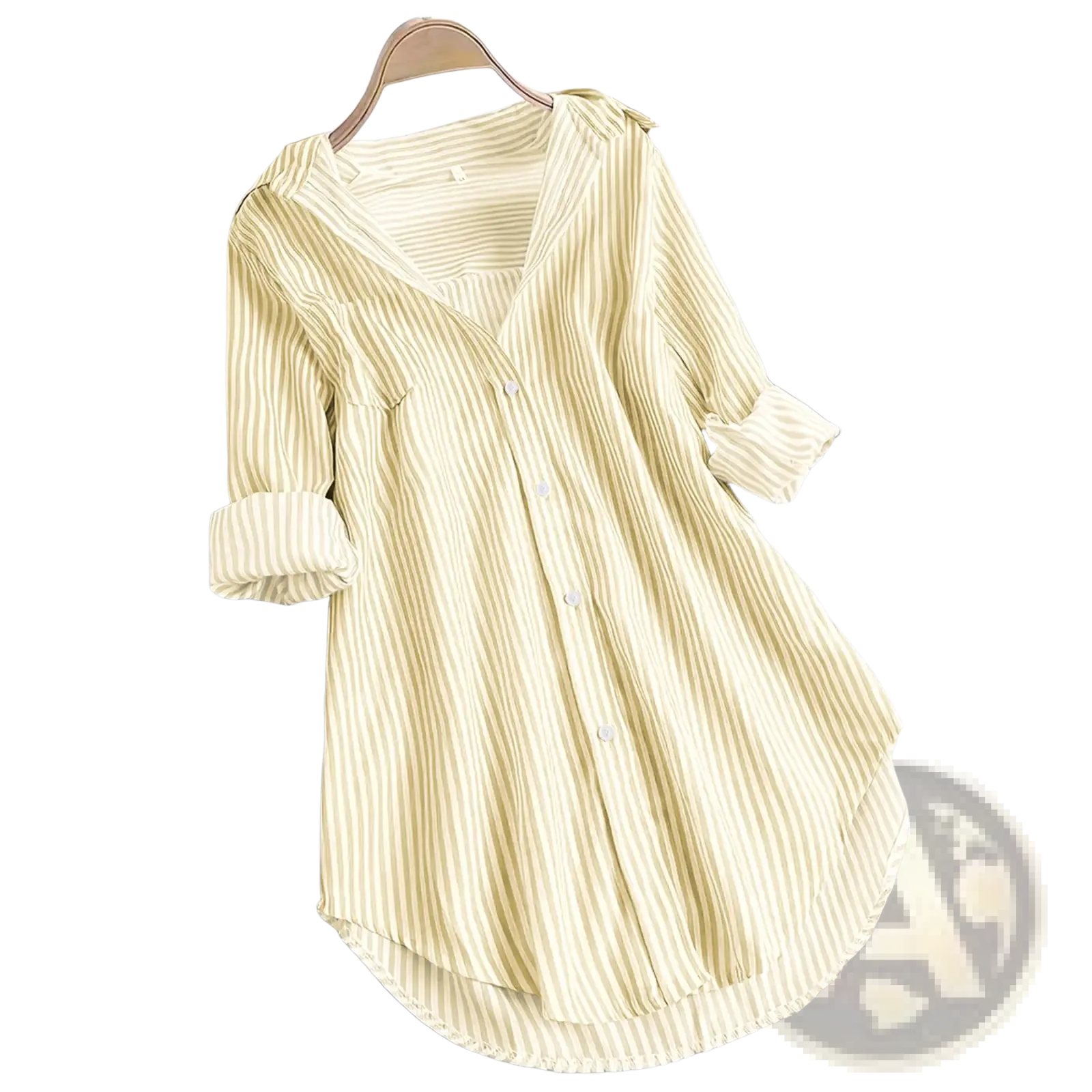 A soft pale yellow and cream striped button down long sleeve casual shirt hanging on a wooden hanger