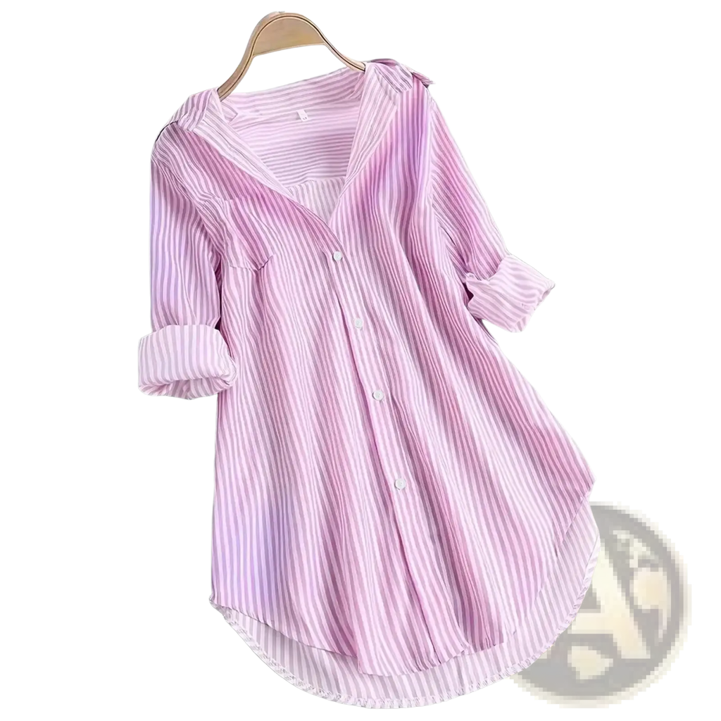 Soft pink and white striped long sleeve button down shirt with rolled sleeves on wooden hanger for casual wear