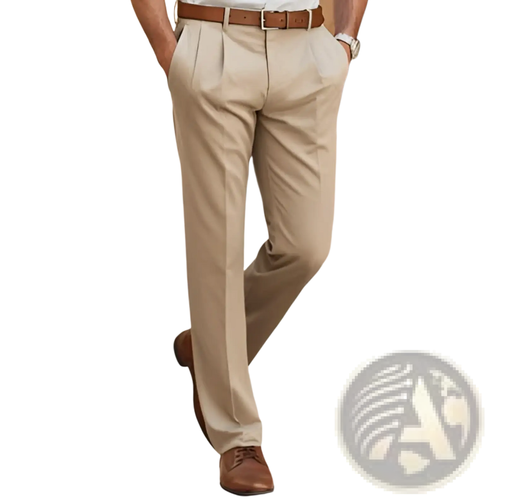 Khaki pleated dress pants with brown leather belt and shoes paired with striped button down shirt men casual long sleeve
