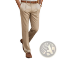 Khaki pleated dress pants with brown leather belt and shoes paired with striped button down shirt men casual long sleeve
