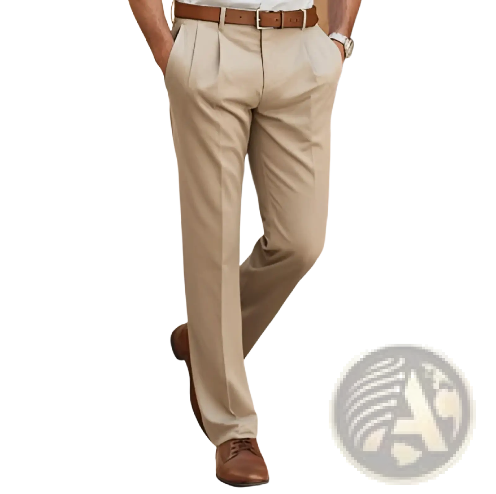 Khaki pleated dress pants with brown leather belt and shoes paired with striped button down shirt men casual long sleeve