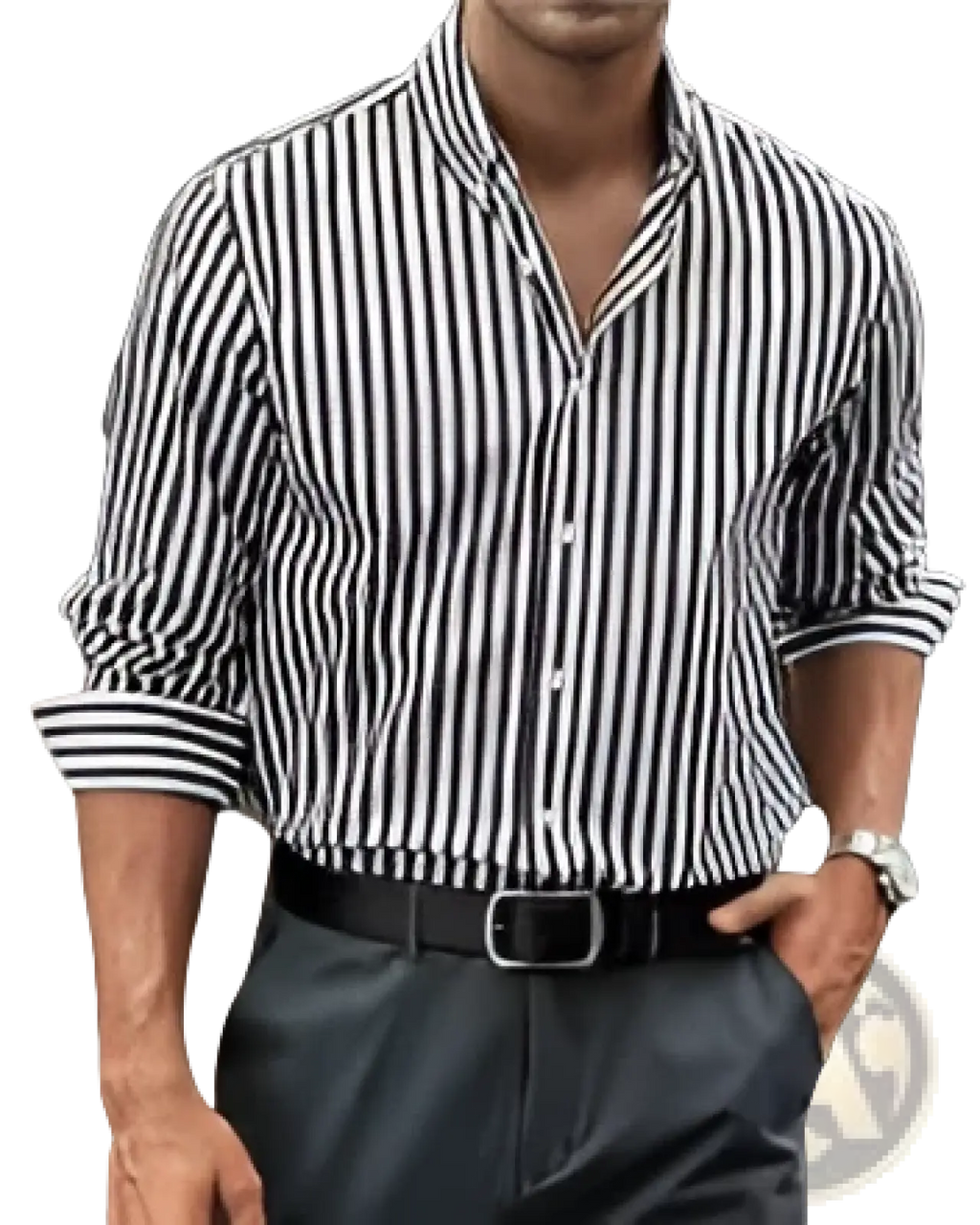 Striped button down shirt men casual long sleeve with black and white vertical stripes made of lightweight cotton blend