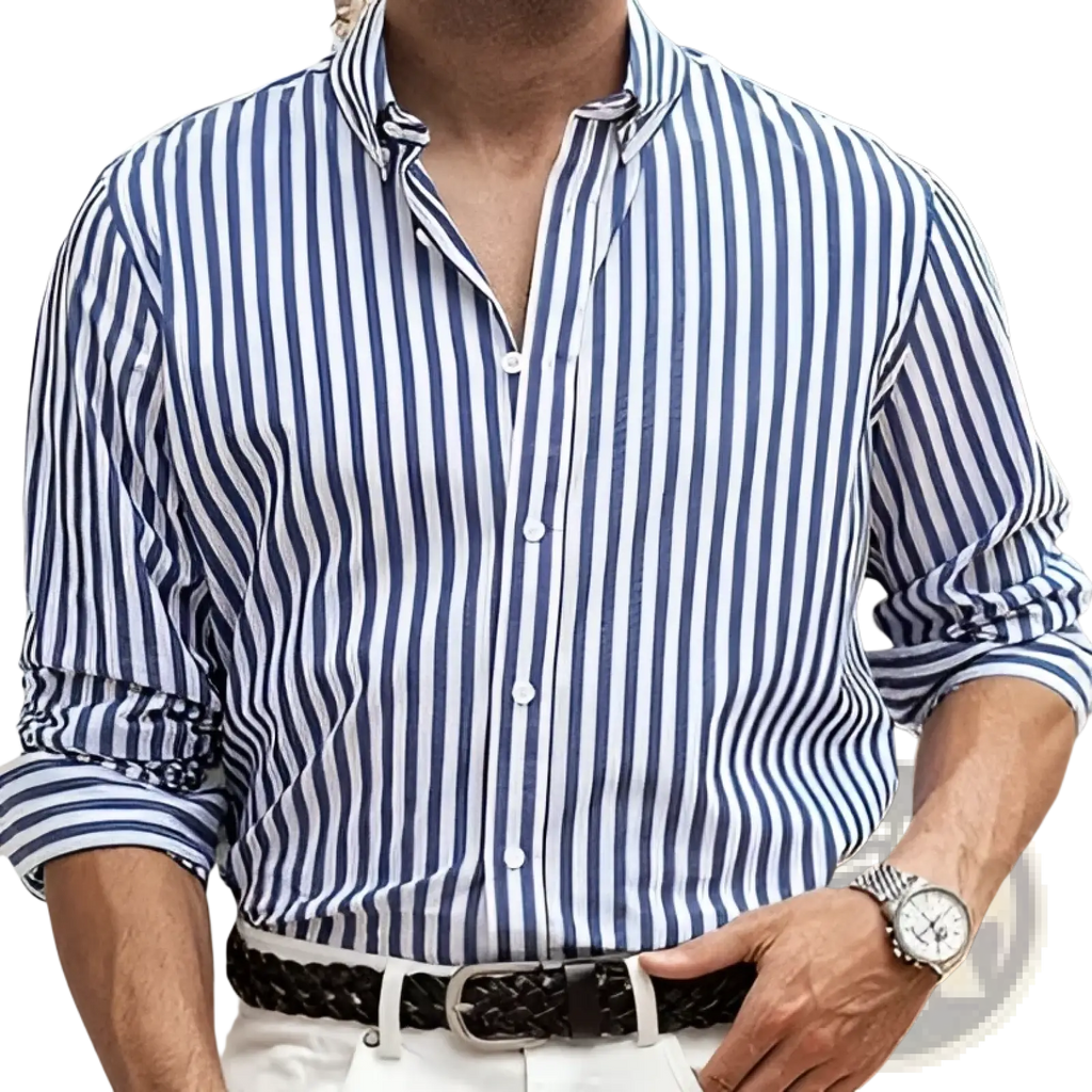 Blue and white vertically striped casual long sleeve button down shirt for men with rolled up sleeves