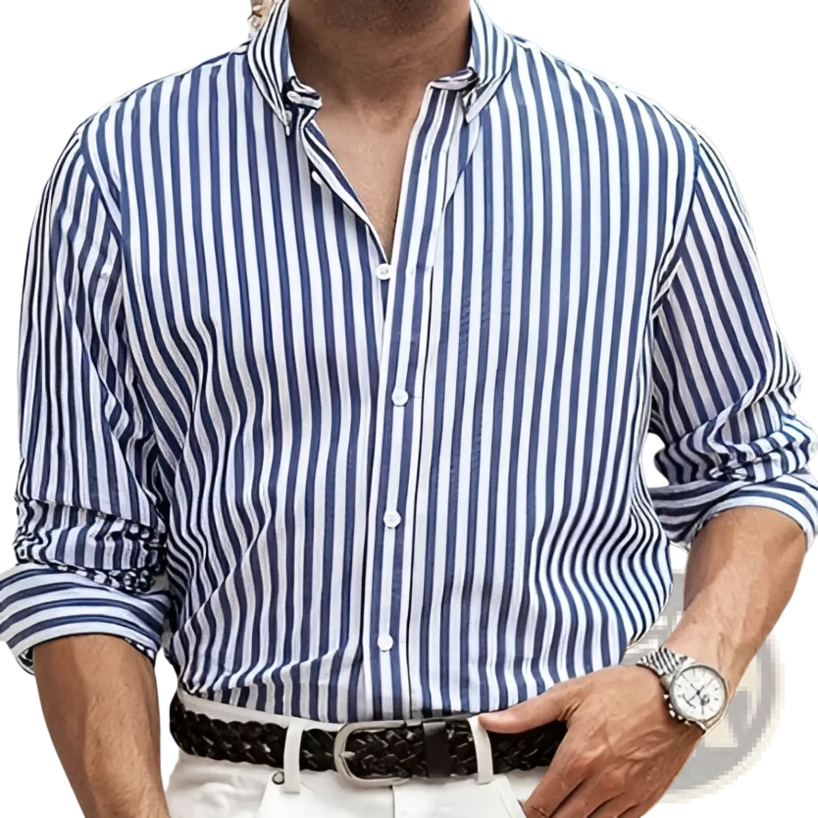 Blue and white vertically striped casual long sleeve button down shirt for men with rolled up sleeves