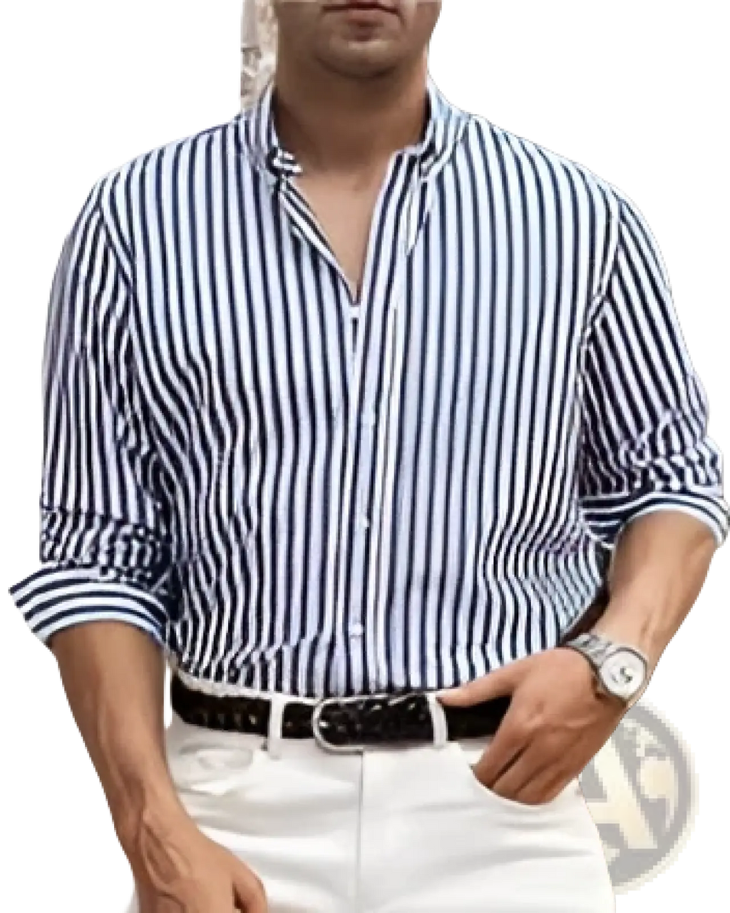 Blue and white striped button down shirt for men with long sleeves rolled up ideal for casual wear