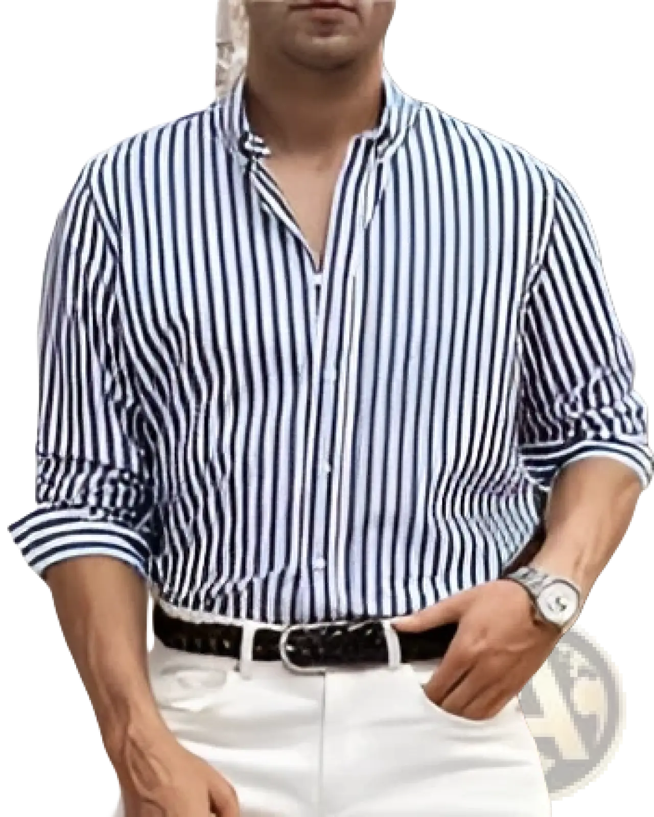 Blue and white striped button down shirt for men with long sleeves rolled up ideal for casual wear
