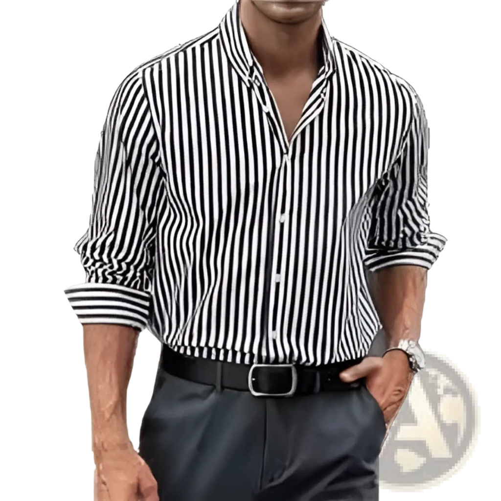 A man wearing a black and white striped button down shirt with rolled up sleeves for casual long sleeve use
