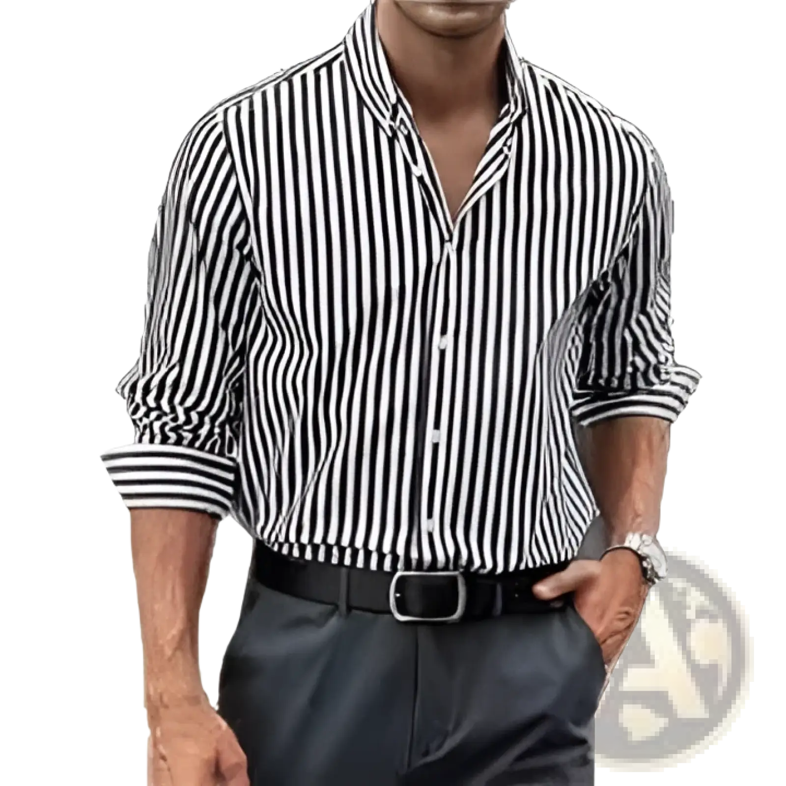 A man wearing a black and white striped button down shirt with rolled up sleeves for casual long sleeve use