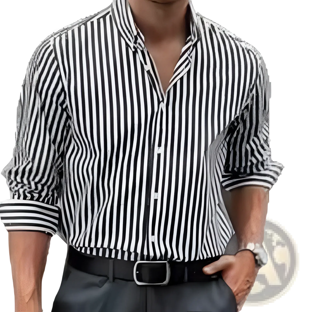 A man wearing a black and white vertically striped long sleeve button down shirt with rolled up sleeves for casual wear