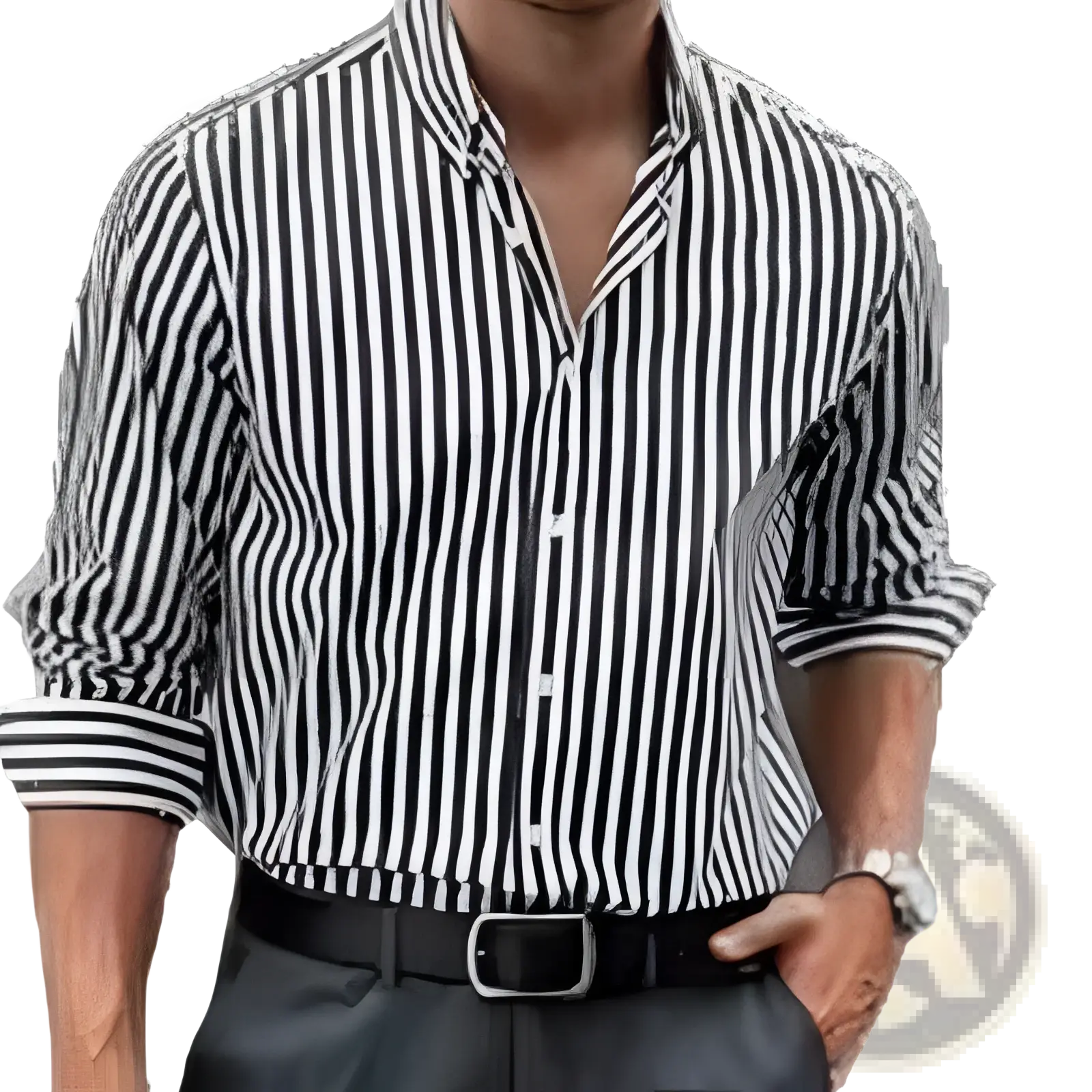 A man wearing a black and white vertically striped long sleeve button down shirt with rolled up sleeves for casual wear