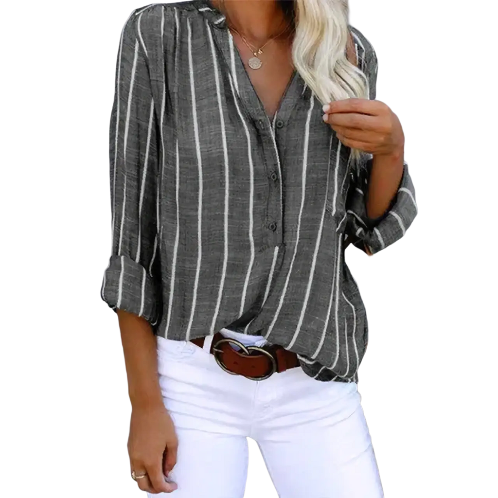 Gray and white vertically striped cotton polyester button up shirt with rolled sleeves made in mainland china