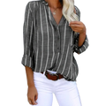 Gray and white vertically striped cotton polyester button up shirt with rolled sleeves made in mainland china