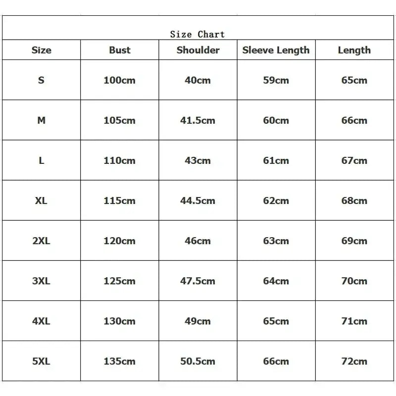 Size chart table showing measurements for women striped button up shirt in cotton polyester from mainland china in sizes s to 5xl