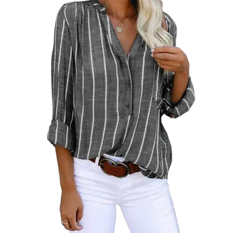 Women’s gray and white vertically striped button up shirt with rolled sleeves made of cotton polyester from mainland china
