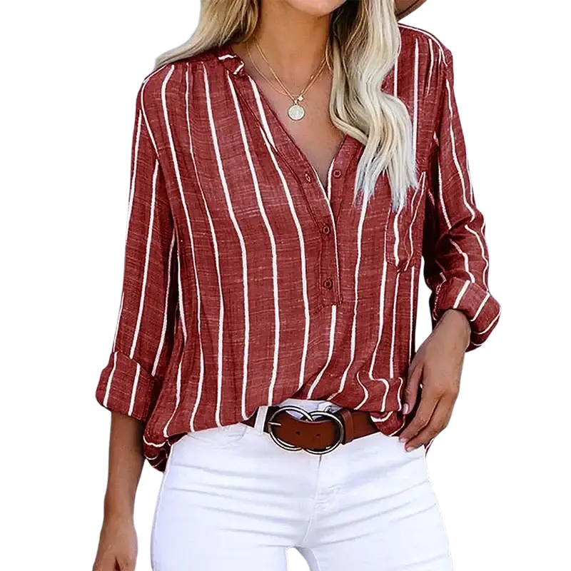 A women’s rust-colored striped button up shirt with rolled sleeves made of cotton polyester from mainland China