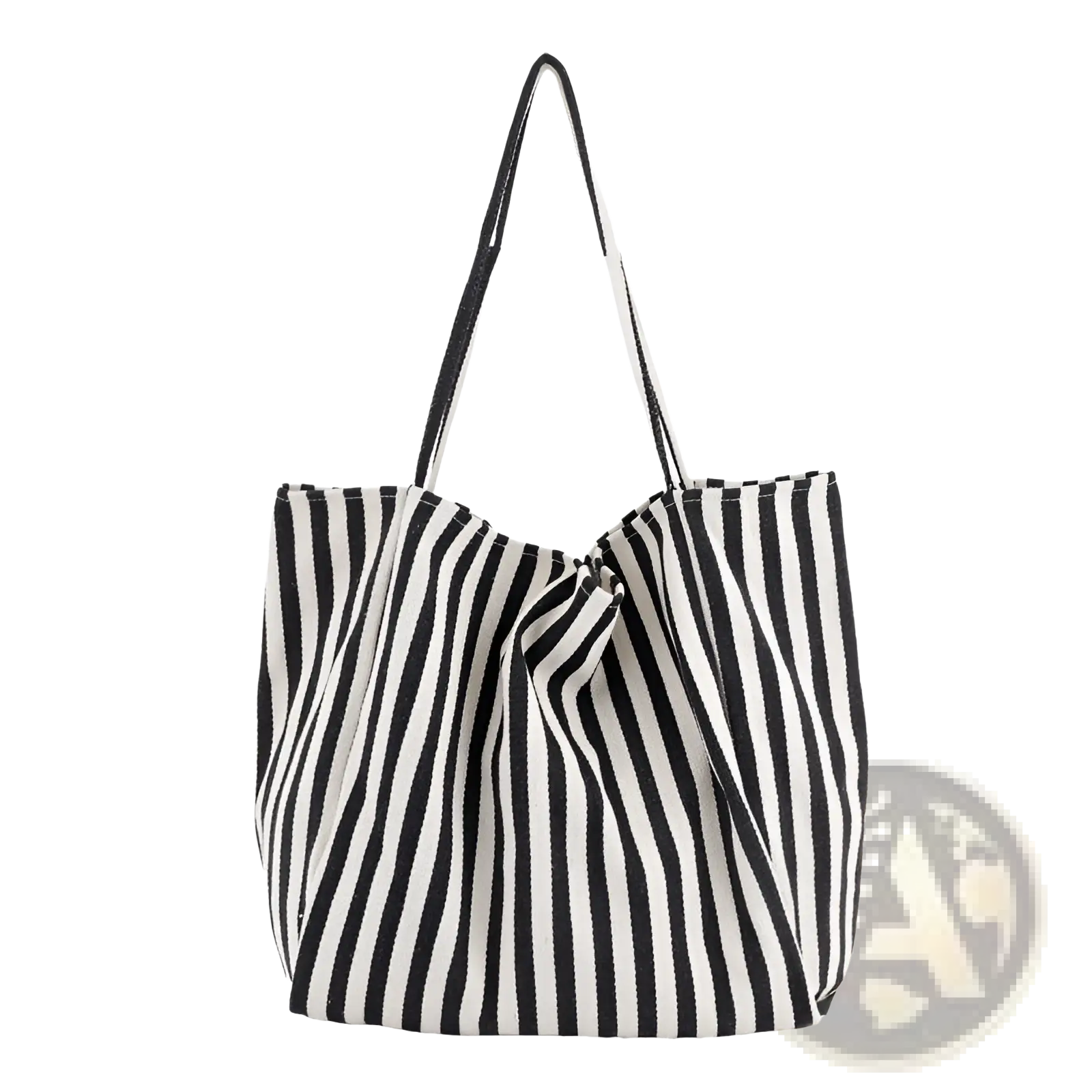 Black and white vertically striped high capacity canvas tote bag with matching shoulder straps for everyday use