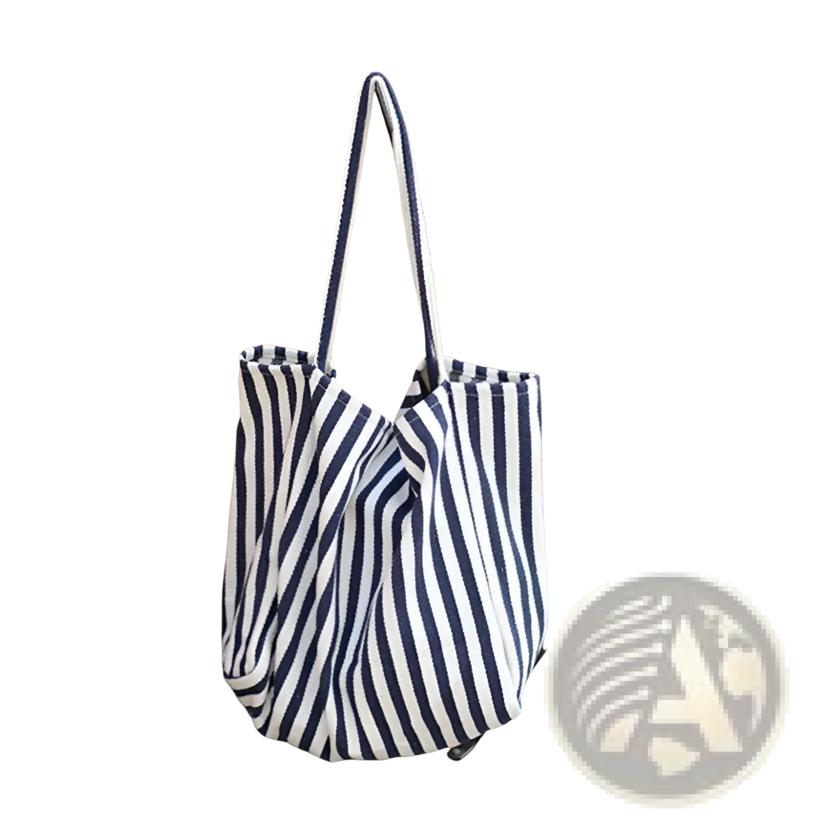 A navy and white vertically striped canvas tote bag with high capacity and sturdy shoulder handles