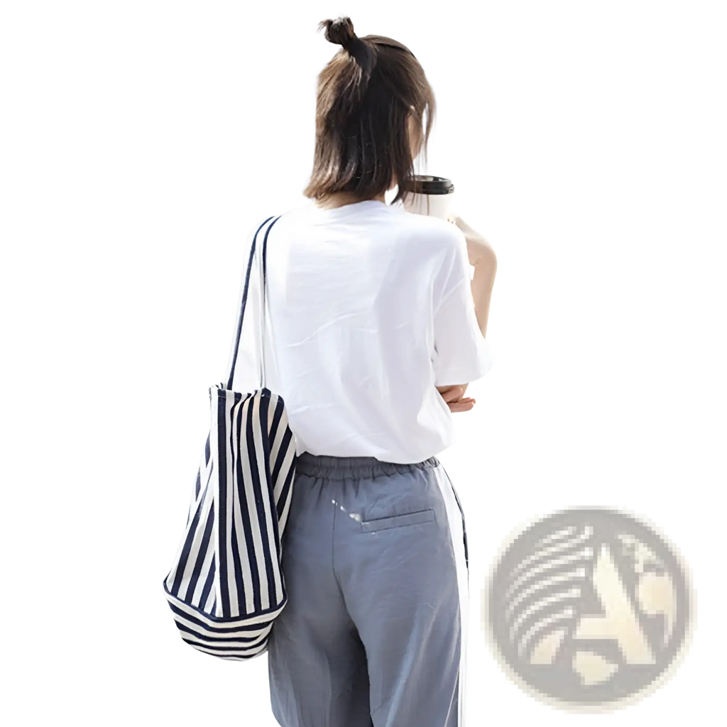 Navy and white vertically striped canvas tote bag with high capacity and long shoulder strap for versatile use