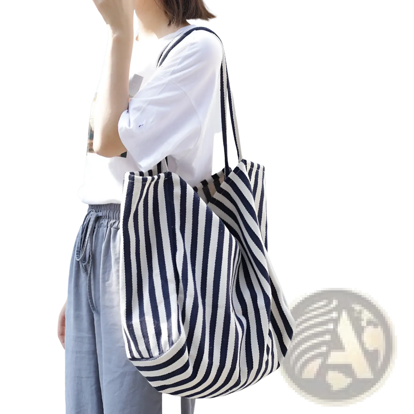 Navy and white vertically striped canvas tote bag with a gathered slouchy design high capacity shoulder bag