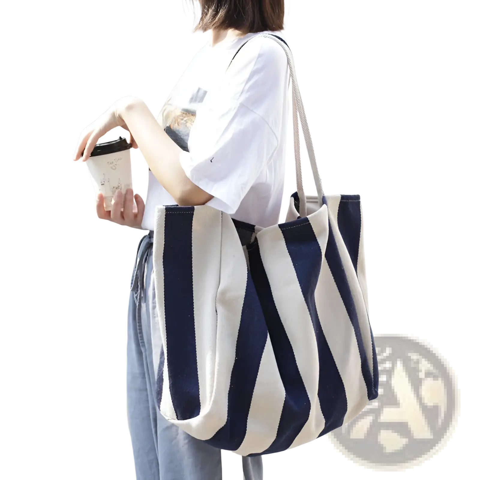 A navy and cream striped canvas tote bag with high capacity and sturdy shoulder handles for daily use