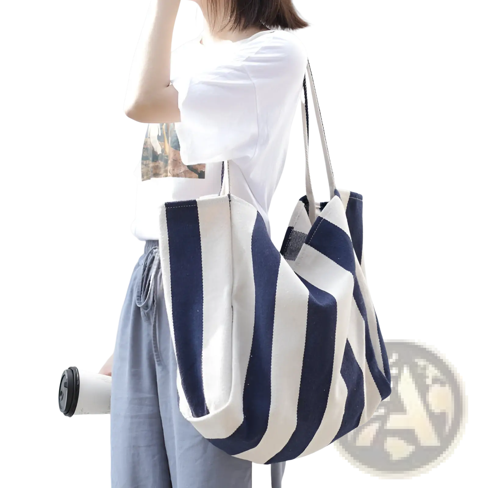 A navy and white striped canvas tote bag with high capacity and sturdy shoulder handles for daily use