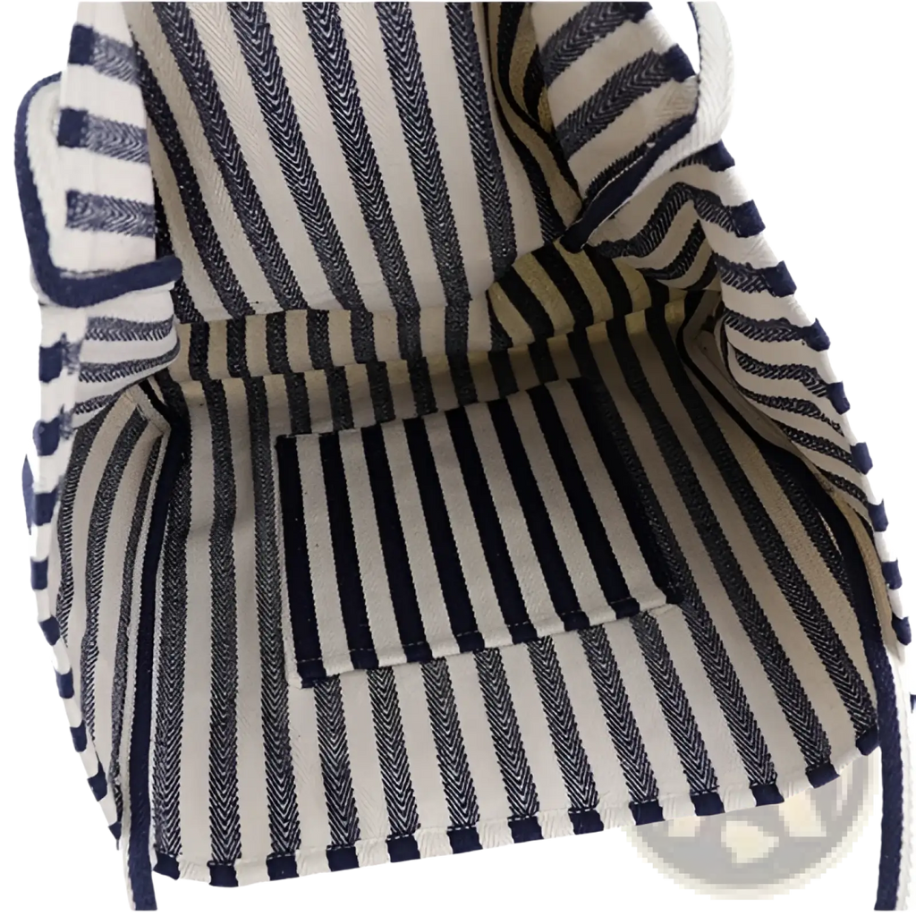 Navy and white striped canvas tote bag with herringbone weave pattern high capacity shoulder bag