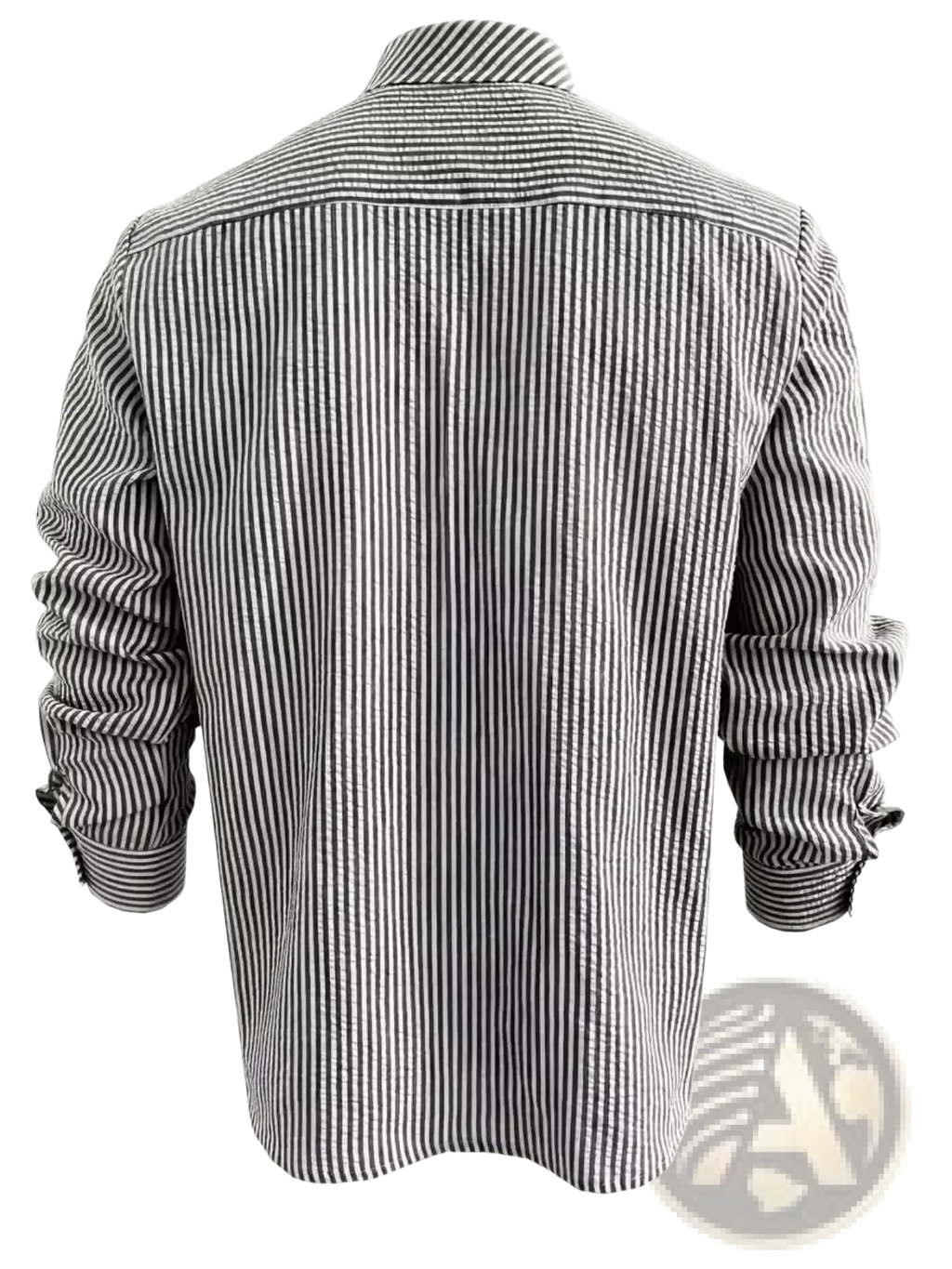 Striped casual long sleeve shirt for men with black and white vertical stripes and textured fabric design
