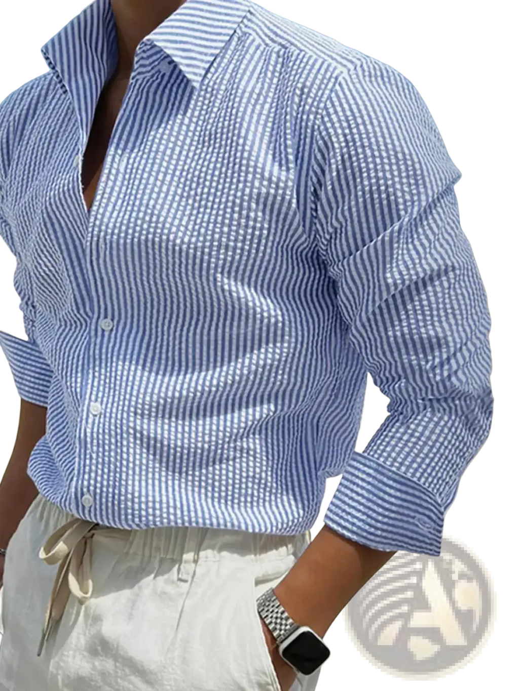 Striped casual long sleeve shirt for men with crisp blue and white stripes, classic collar, and lightweight fabric