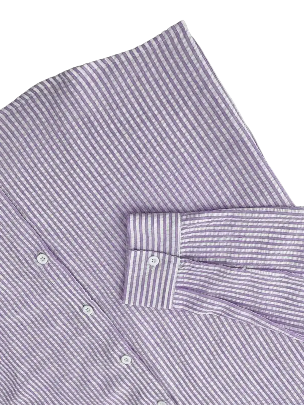 Striped casual long sleeve shirt for men in lavender and white vertical stripes with classic collar and cuffs