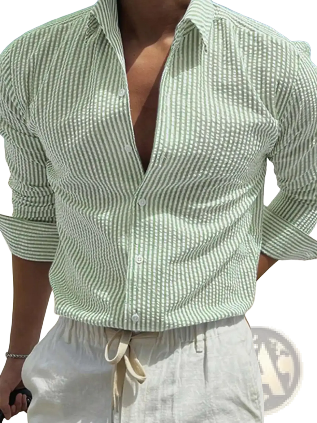 Light green and white vertically striped casual long sleeve shirt for men with a textured woven fabric