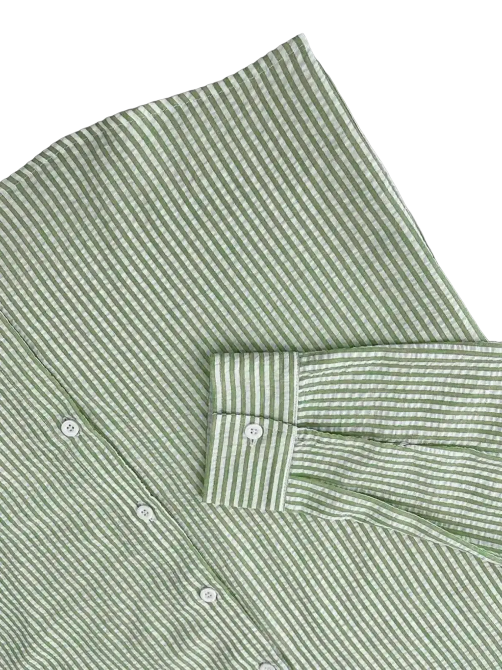 Striped casual long sleeve shirt for men in light green and white vertical stripes with classic collar and cuffs